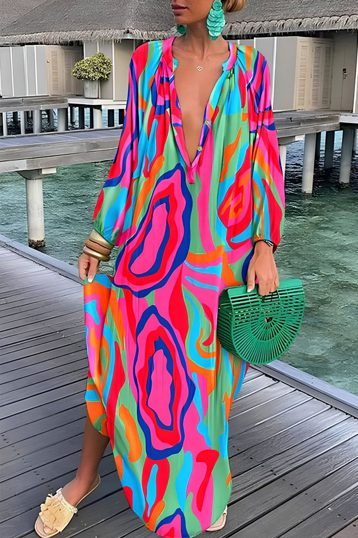 Women's Abstract Print V-Neck Relaxed-Fit Kaftan Maxi Dress - Pink