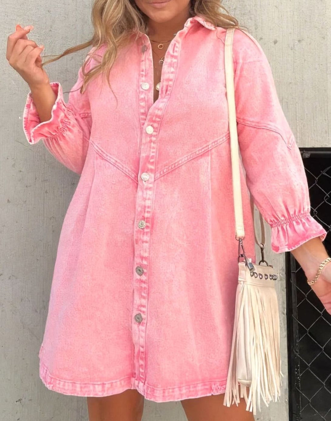 Women's Acid-Wash Denim Mini Party Dress Button-Down Ruffle Sleeve - Pink