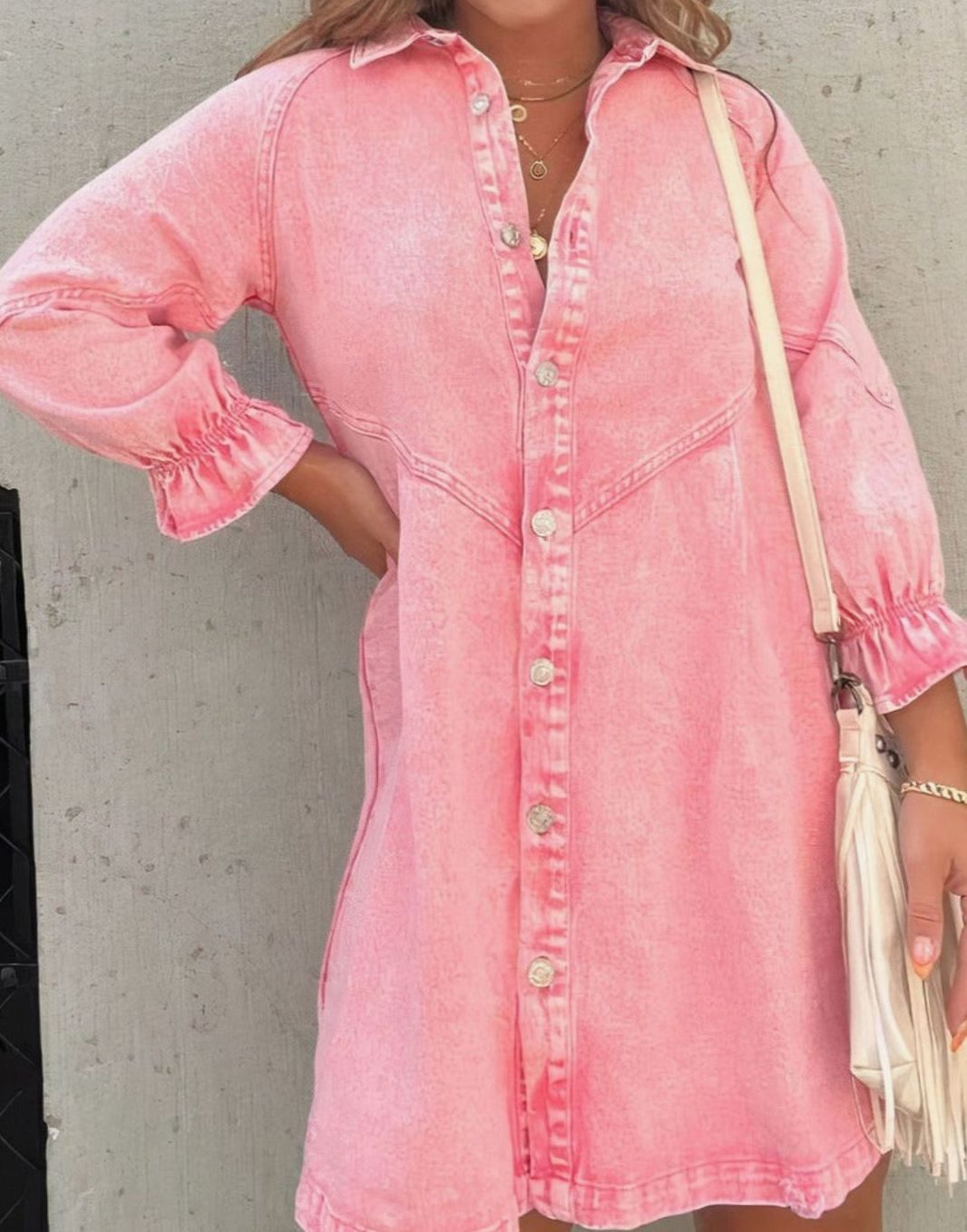 Women's Acid-Wash Denim Mini Party Dress Button-Down Ruffle Sleeve