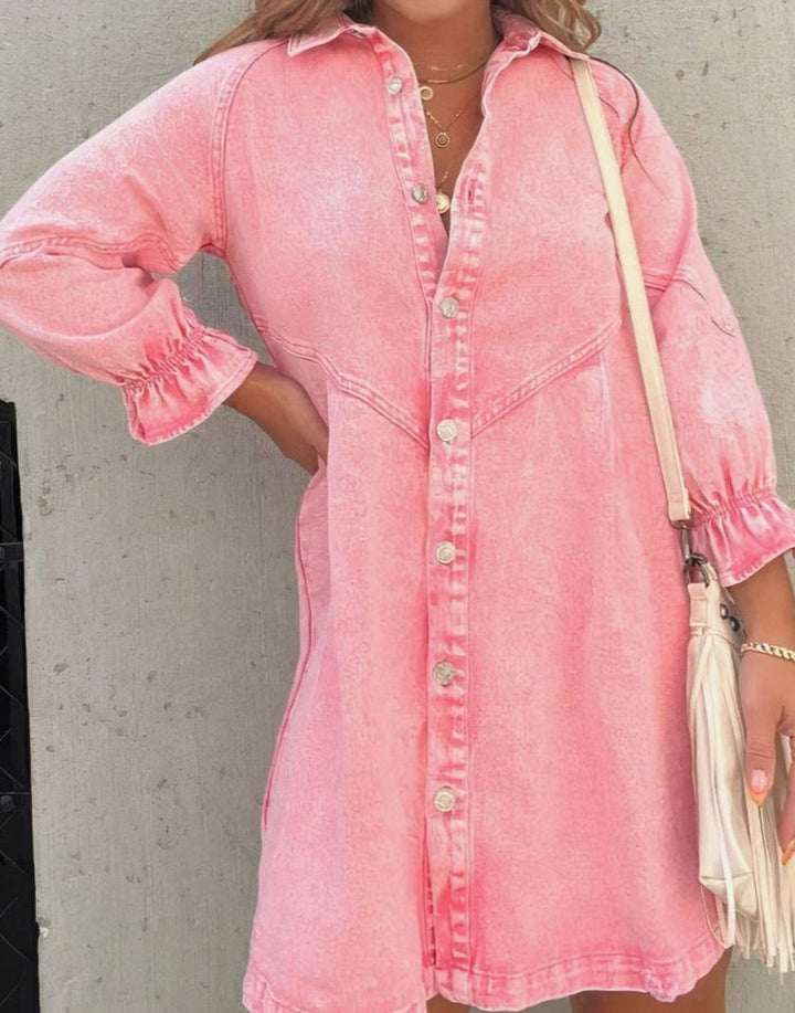 Women's Acid-Wash Denim Mini Party Dress Button-Down Ruffle Sleeve