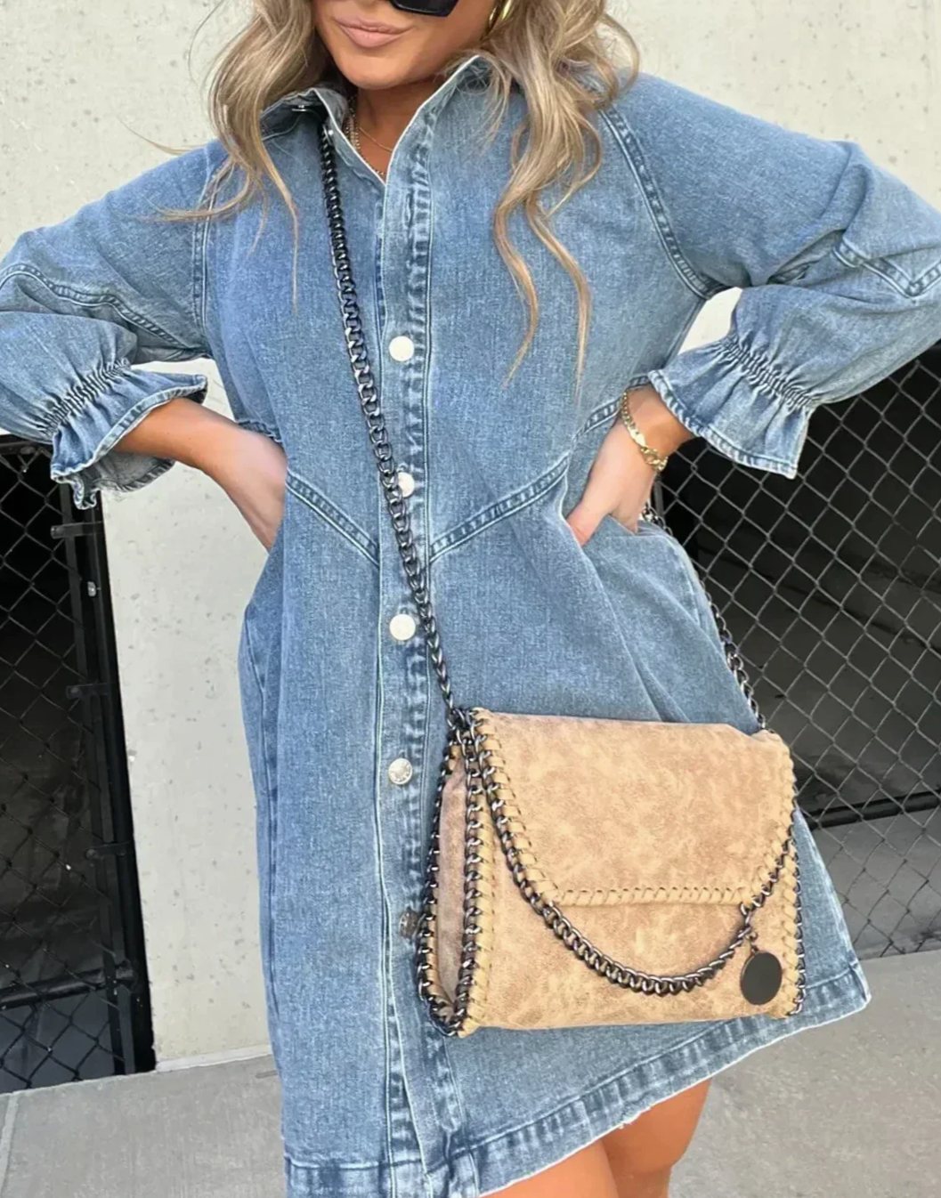 Women's Acid-Wash Denim Mini Party Dress Button-Down Ruffle Sleeve - Blue