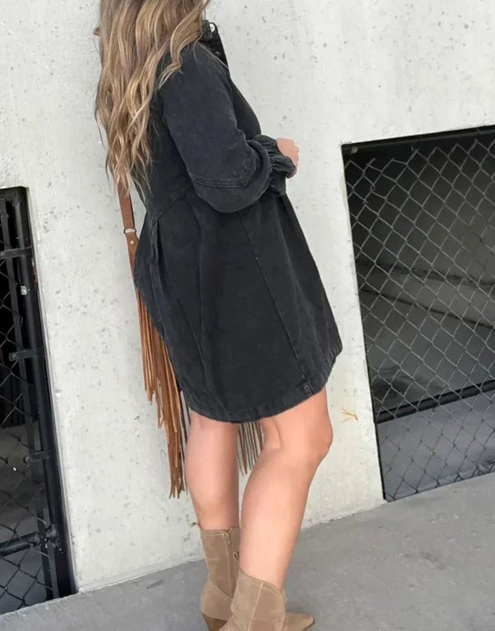 Women's Acid-Wash Denim Mini Party Dress Button-Down Ruffle Sleeve