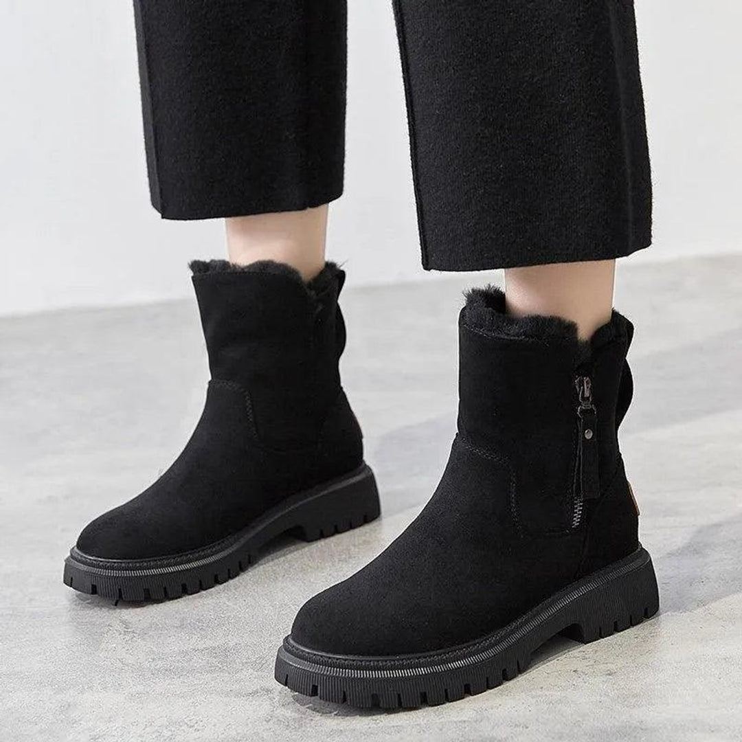 Women's Ankle Boots Fur-Lined Orthopedic Platform Suede Booties - Black