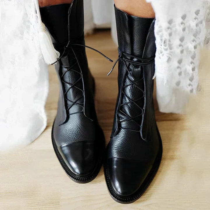 Women's Ankle Boots Lace-Up Leather Mid-Calf - Black