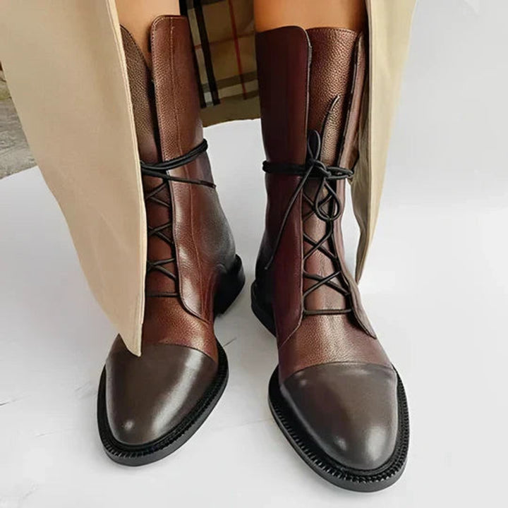 Women's Ankle Boots Lace-Up Leather Mid-Calf - Brown