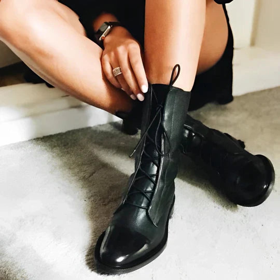 Women's Ankle Boots Lace-Up Leather Mid-Calf