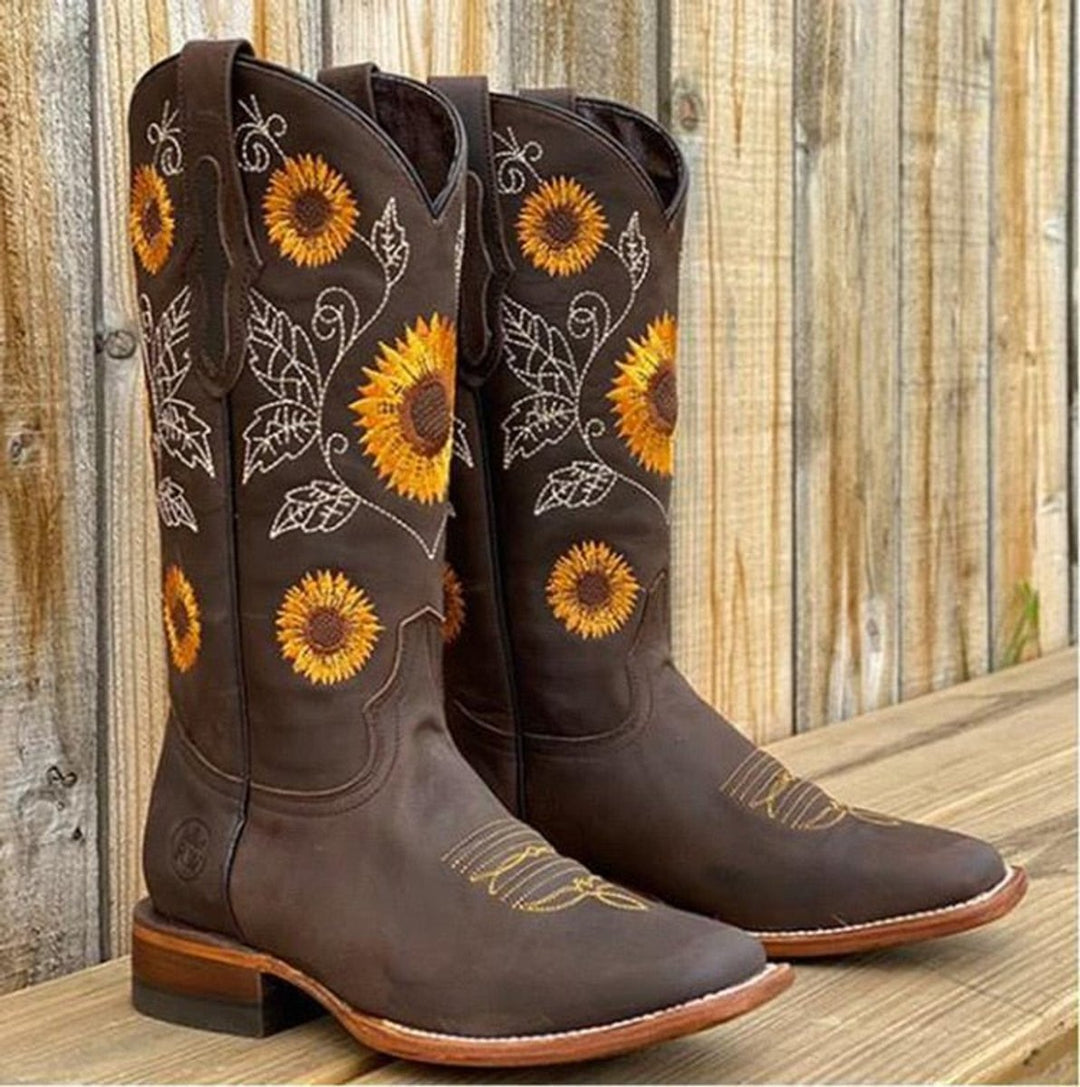 Women's Ankle Boots Sunflower Embroidered Pull-On Western Cowboy - Dark Brown