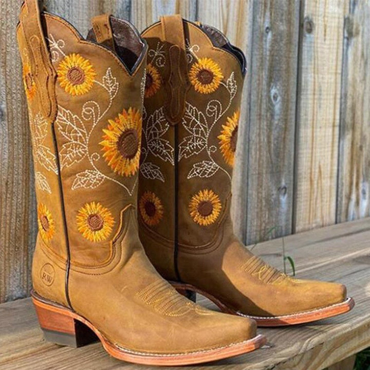 Women's Ankle Boots Sunflower Embroidered Pull-On Western Cowboy