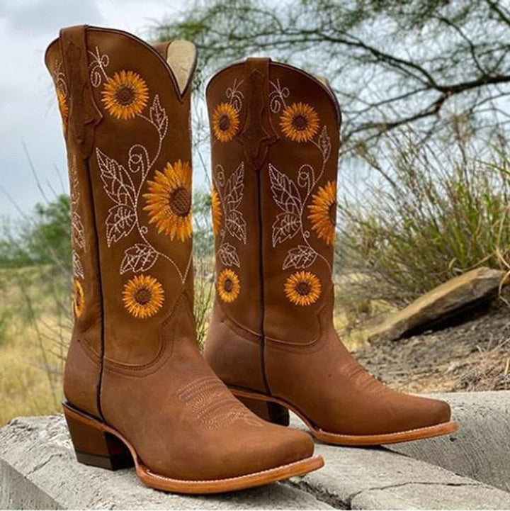 Women's Ankle Boots Sunflower Embroidered Pull-On Western Cowboy