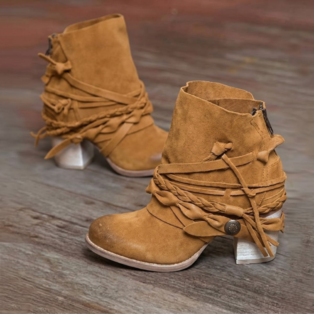 Women's Ankle Boots Western Suede Block Heel Strappy Booties - Brown