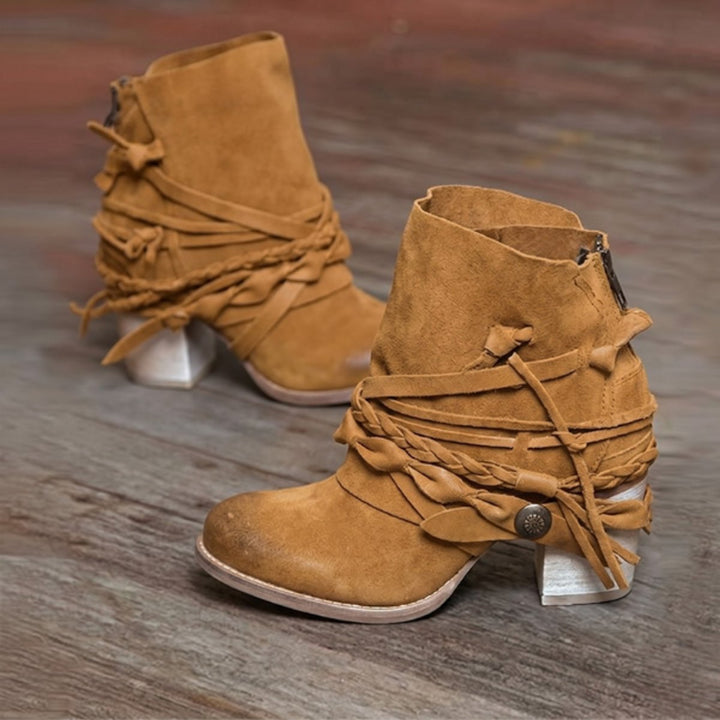 Women's Ankle Boots Western Suede Block Heel Strappy Booties - Brown