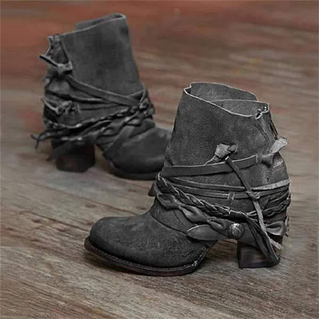 Women's Ankle Boots Western Suede Block Heel Strappy Booties - Gray