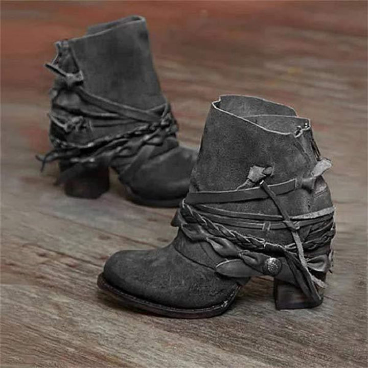 Women's Ankle Boots Western Suede Block Heel Strappy Booties - Gray