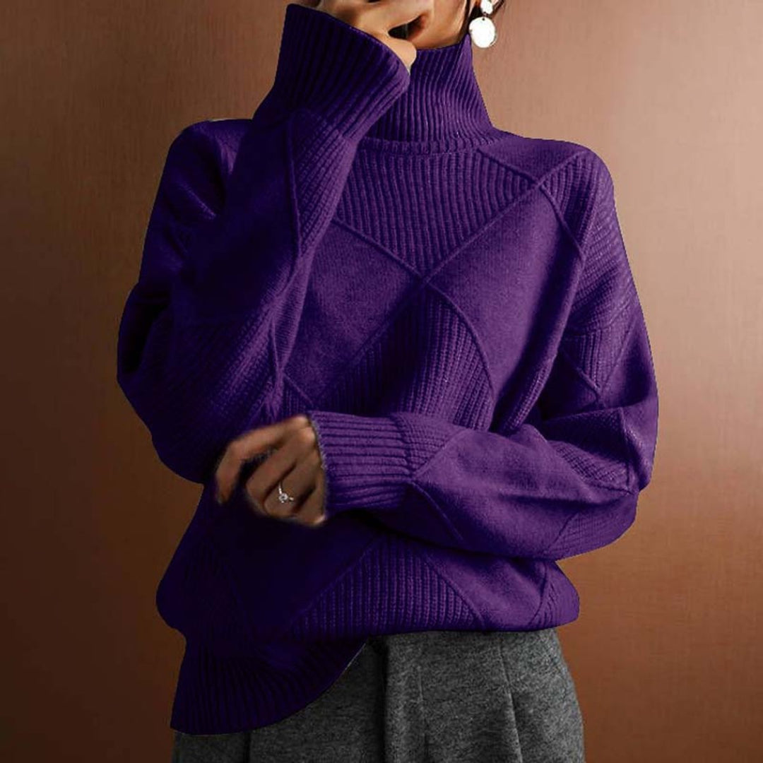 Women's Argyle Knit Relaxed-Fit Turtleneck Sweater - Dark Purple