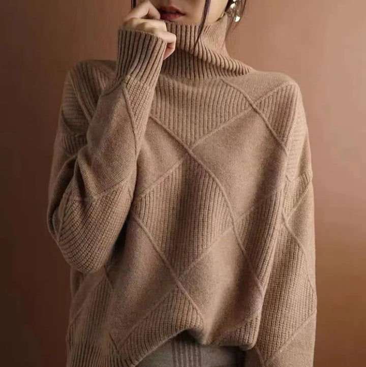 Women's Argyle Knit Relaxed-Fit Turtleneck Sweater - Brown