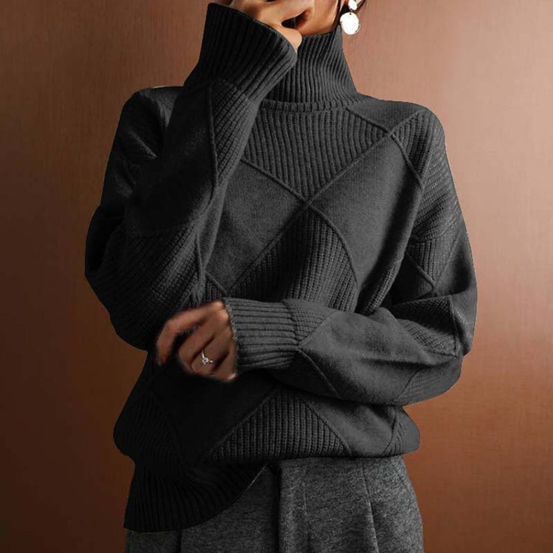 Women's Argyle Knit Relaxed-Fit Turtleneck Sweater - Black