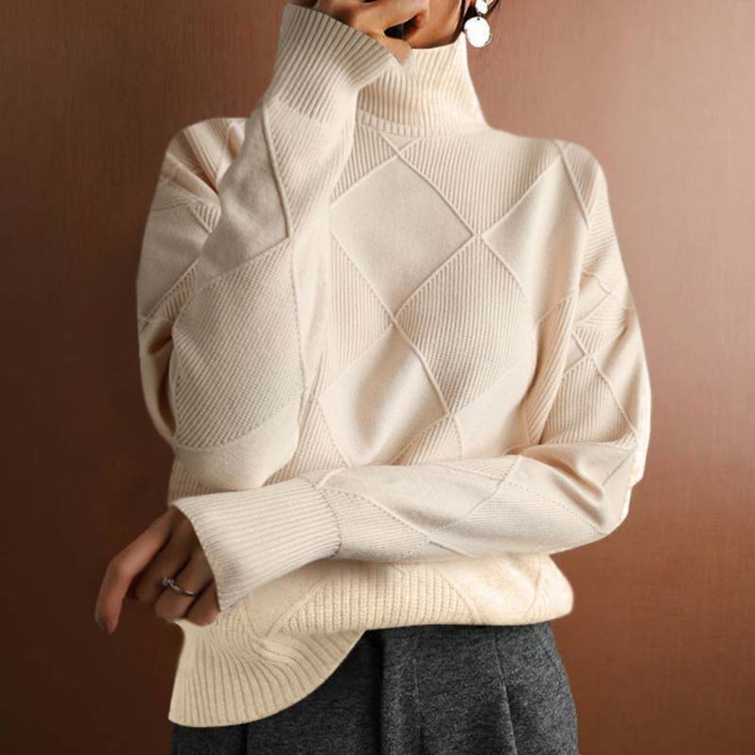 Women's Argyle Knit Relaxed-Fit Turtleneck Sweater - Beige