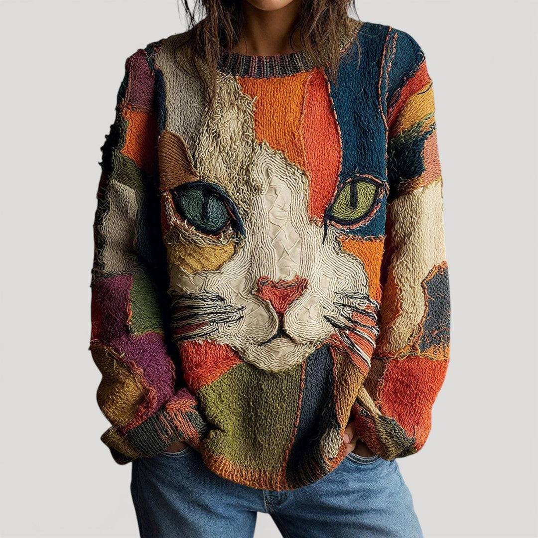 Women's Artistic Cat Print Relaxed Knit Sweater Jumper - Multicoloured