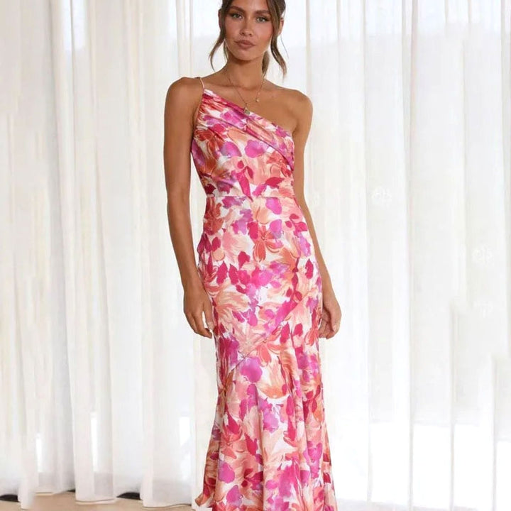 Women's Asymmetric One-Shoulder Floral Midi Dress - Pink