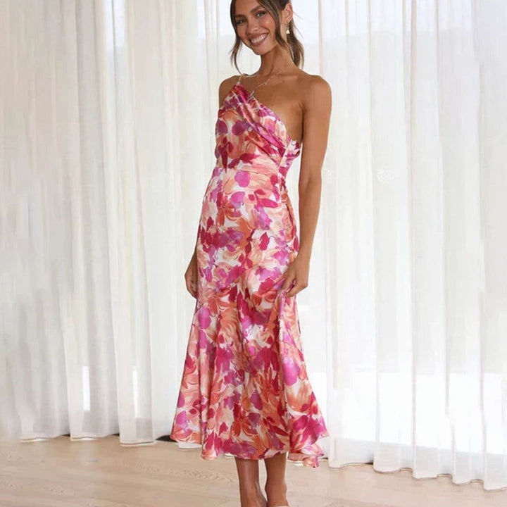 Women's Asymmetric One-Shoulder Floral Midi Dress