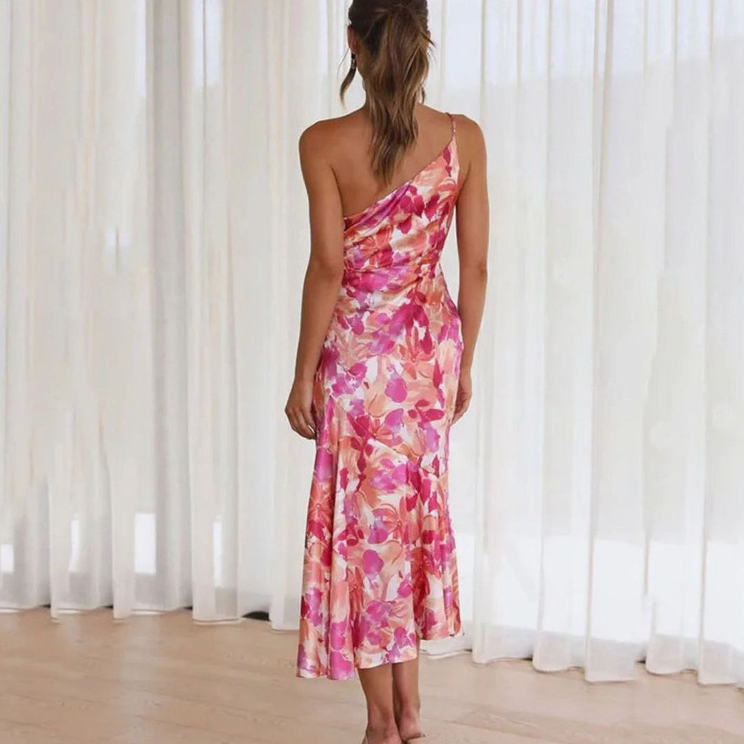 Women's Asymmetric One-Shoulder Floral Midi Dress