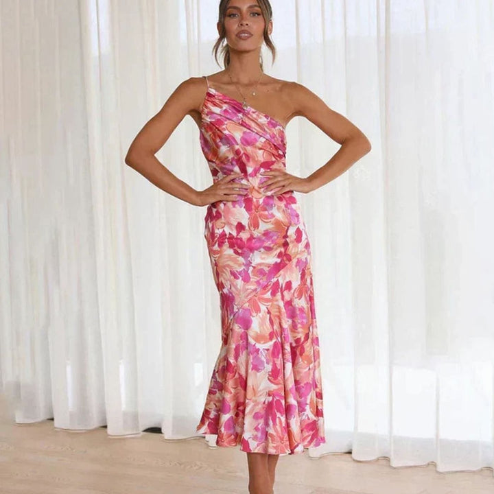 Women's Asymmetric One-Shoulder Floral Midi Dress