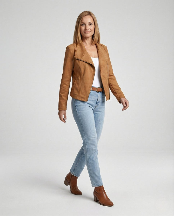 Women's Asymmetric-Zip Suede-Look Biker Leather Jacket