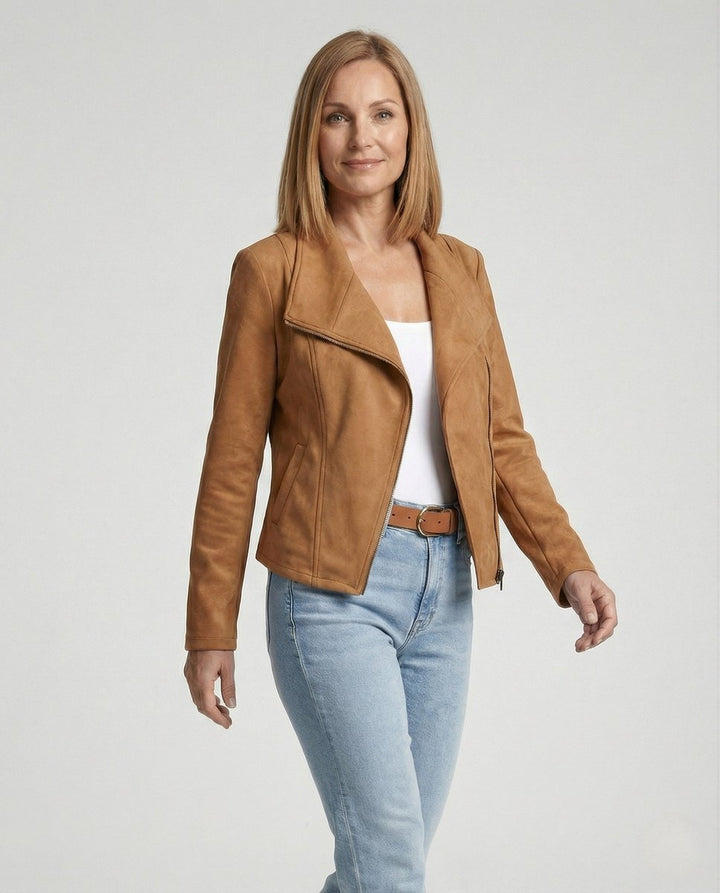 Women's Asymmetric-Zip Suede-Look Biker Leather Jacket