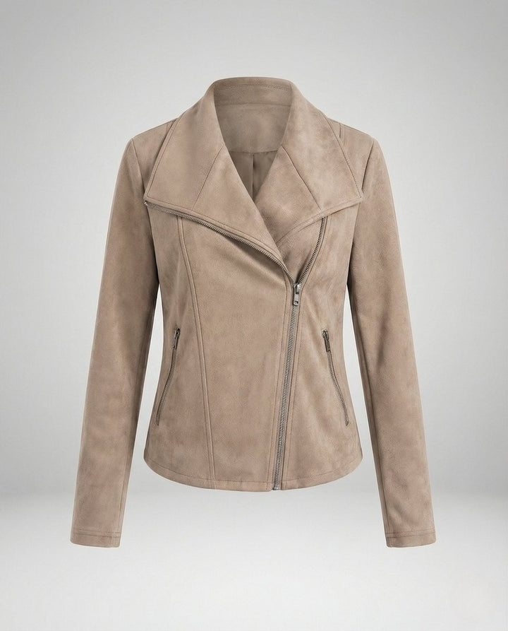 Women's Asymmetric-Zip Suede-Look Biker Leather Jacket - Apricot