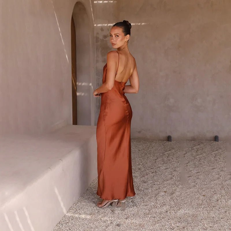 Women's Backless Satin Maxi Dress with High Slit