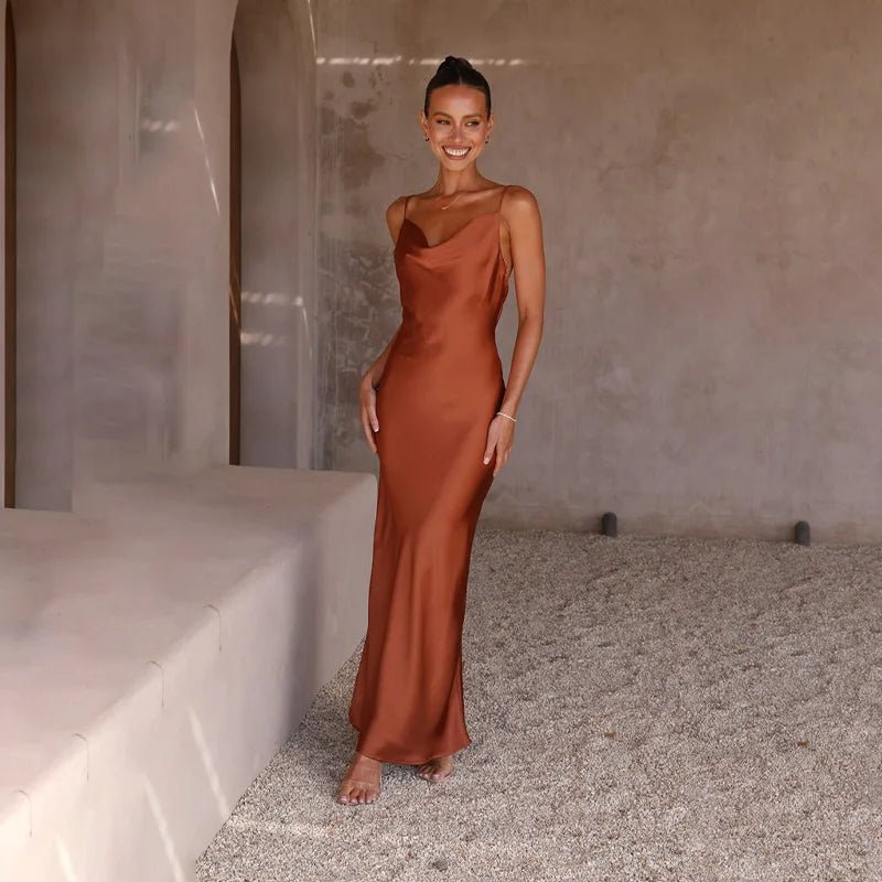 Women's Backless Satin Maxi Dress with High Slit