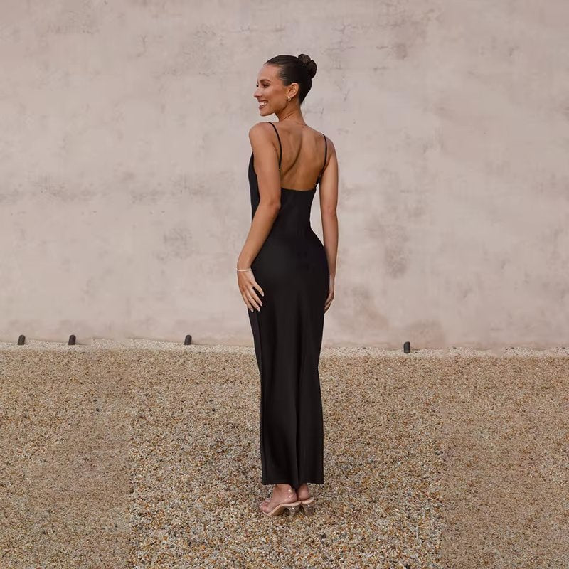 Women's Backless Satin Maxi Dress with High Slit