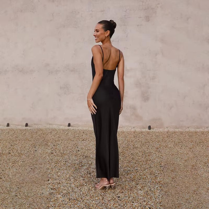 Women's Backless Satin Maxi Dress with High Slit