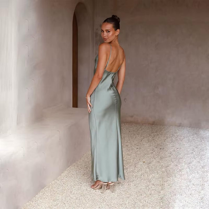Women's Backless Satin Maxi Dress with High Slit
