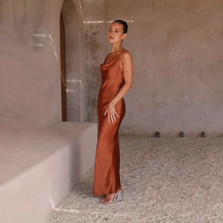 Women's Backless Satin Maxi Dress with High Slit