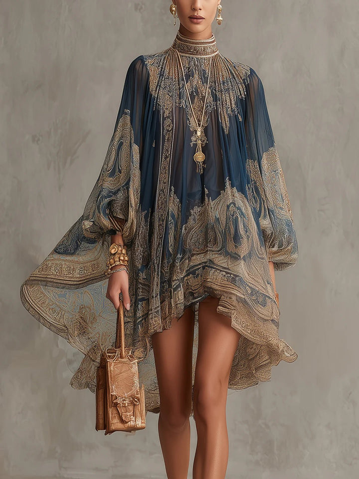 Women's Baroque Print High-Neck Asymmetric Chiffon Dress - Navy