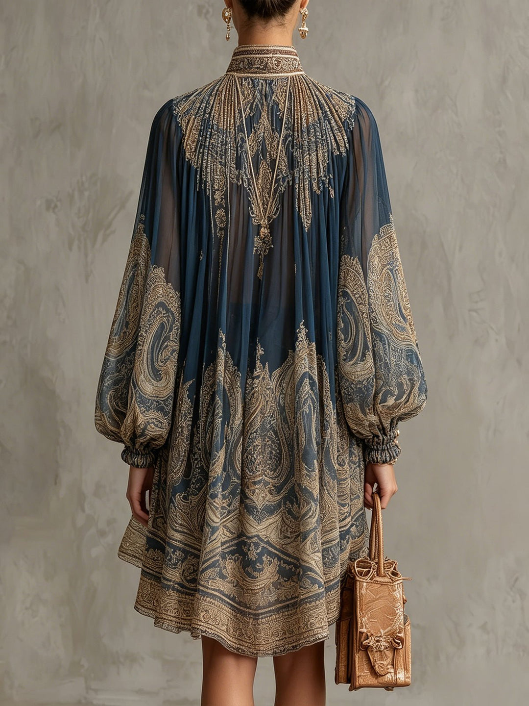 Women's Baroque Print High-Neck Asymmetric Chiffon Dress