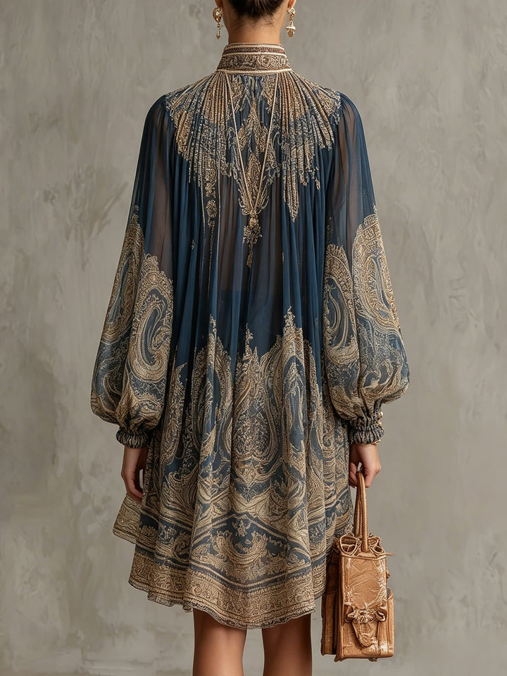 Women's Baroque Print High-Neck Asymmetric Chiffon Dress