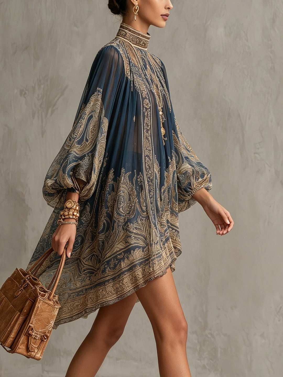 Women's Baroque Print High-Neck Asymmetric Chiffon Dress