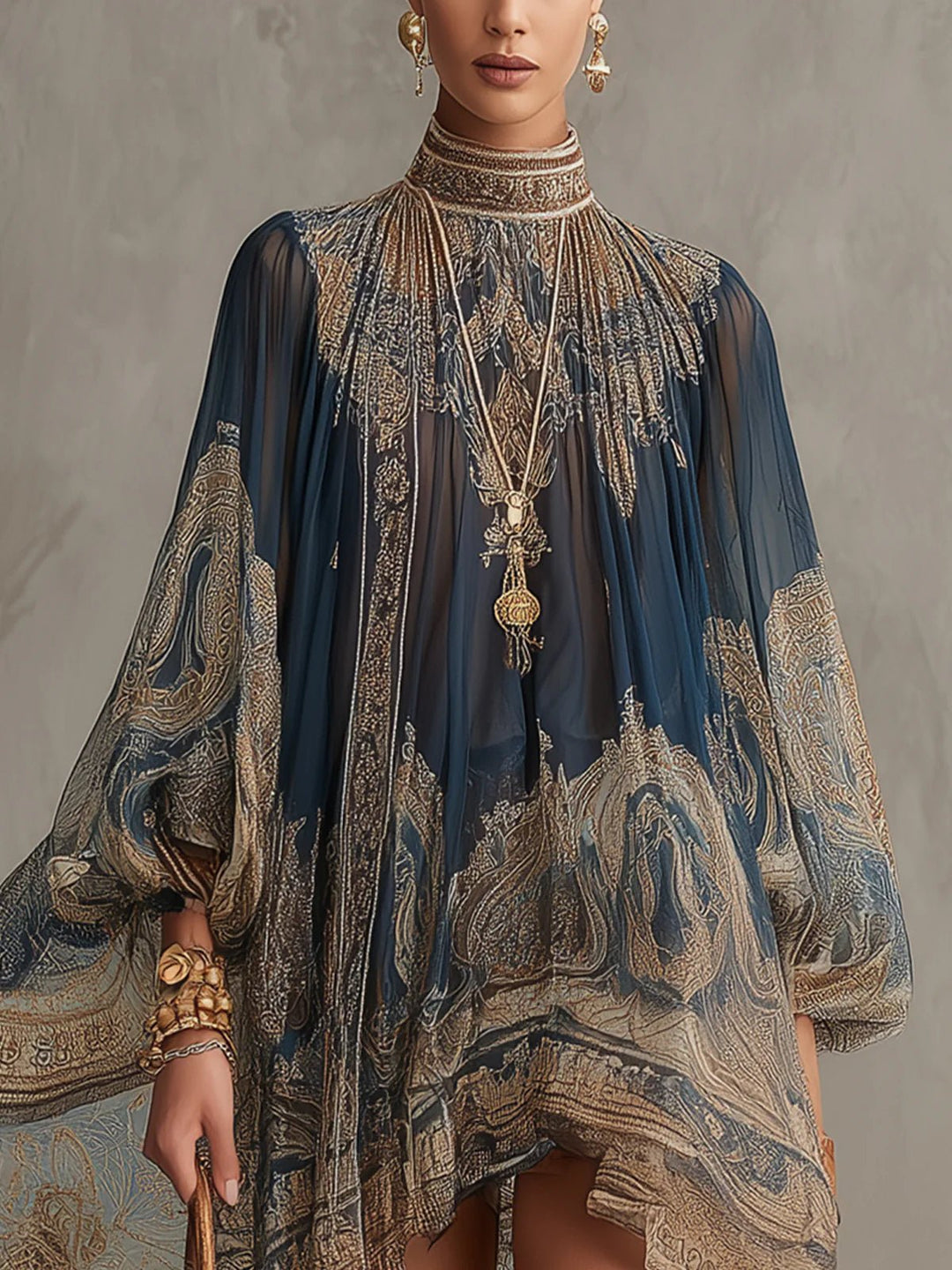 Women's Baroque Print High-Neck Asymmetric Chiffon Dress