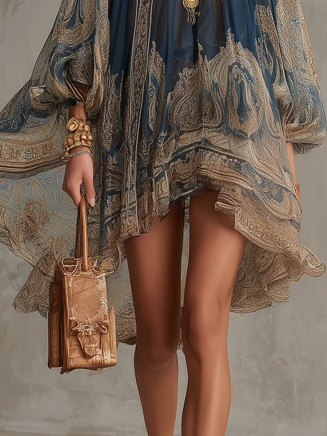 Women's Baroque Print High-Neck Asymmetric Chiffon Dress