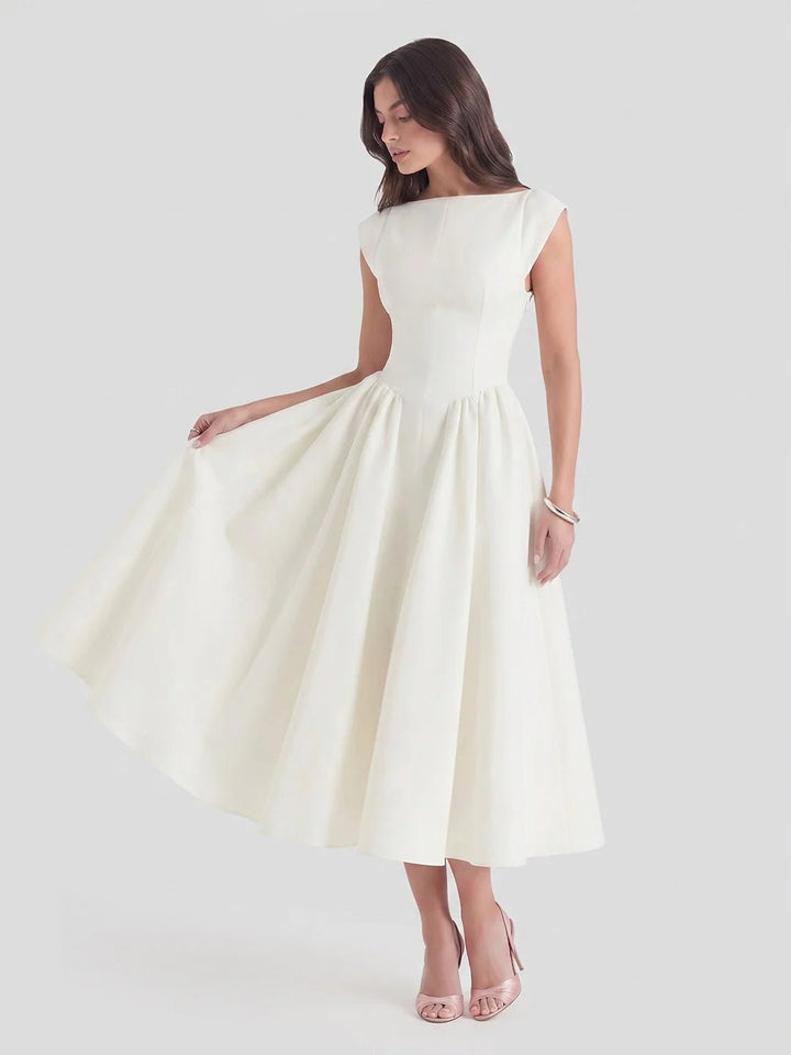 Women's Bateau-Neck Cap-Sleeve Full-Skirt Satin Midi Dress