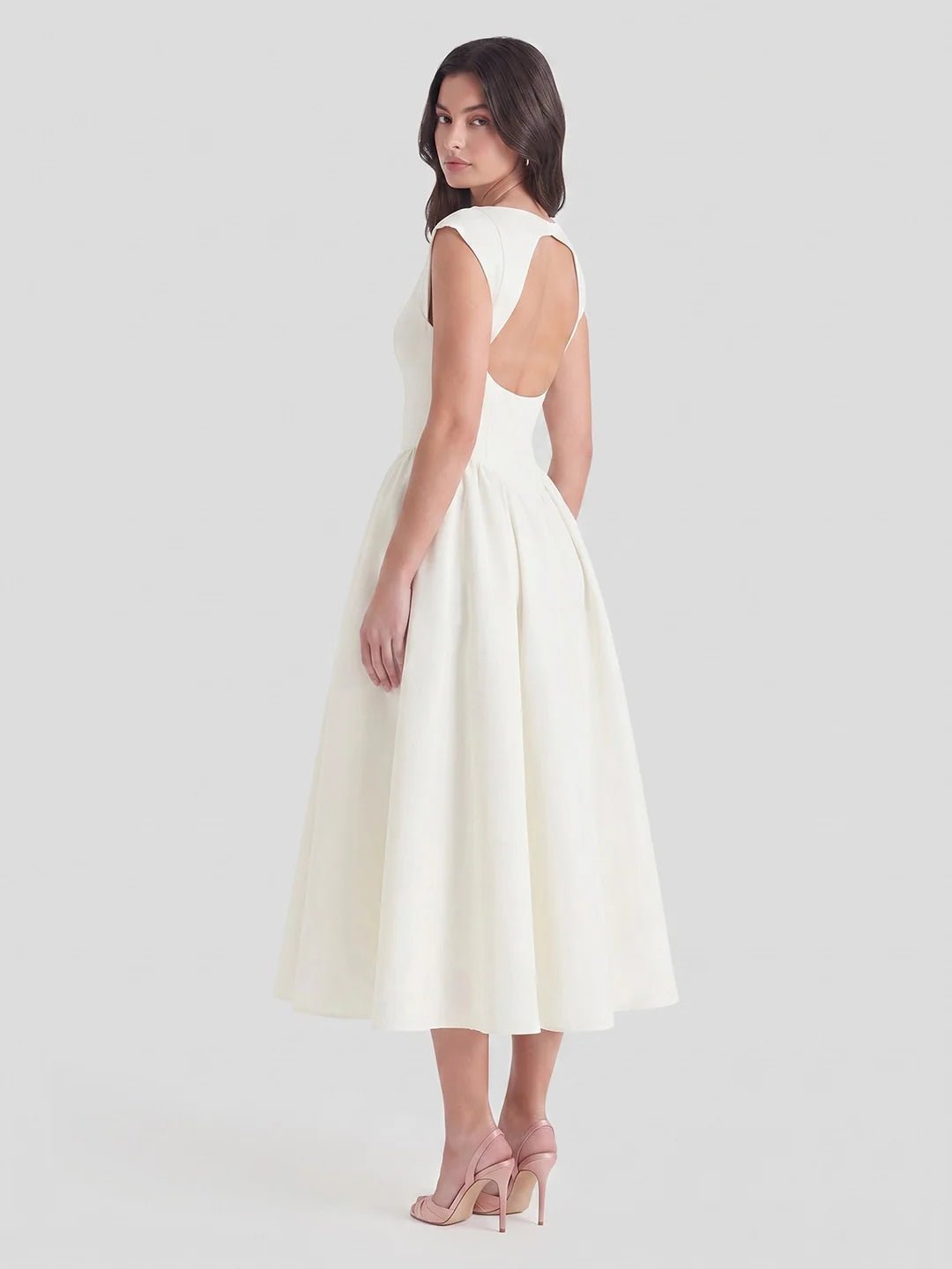 Women's Bateau-Neck Cap-Sleeve Full-Skirt Satin Midi Dress