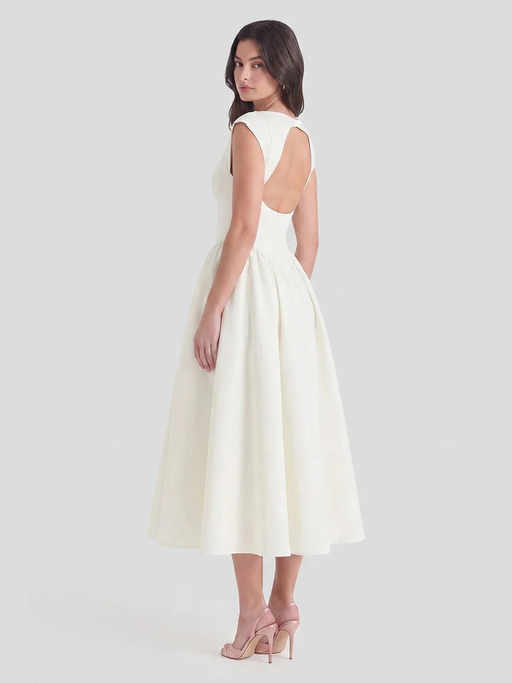 Women's Bateau-Neck Cap-Sleeve Full-Skirt Satin Midi Dress