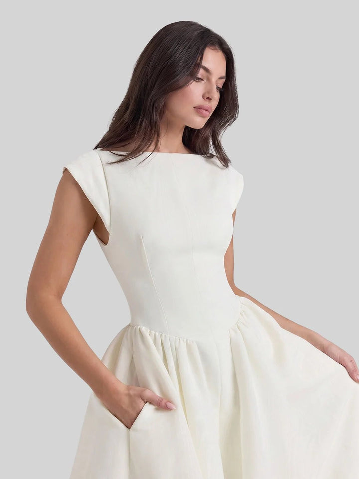Women's Bateau-Neck Cap-Sleeve Full-Skirt Satin Midi Dress