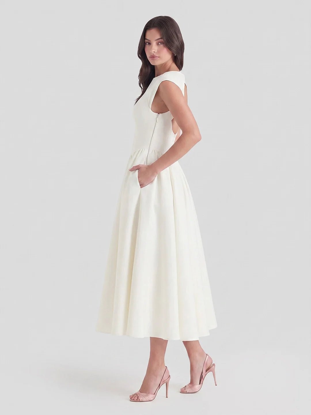 Women's Bateau-Neck Cap-Sleeve Full-Skirt Satin Midi Dress