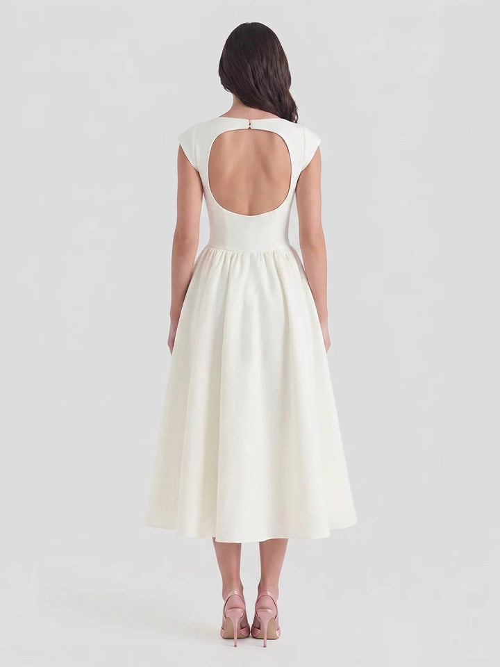 Women's Bateau-Neck Cap-Sleeve Full-Skirt Satin Midi Dress