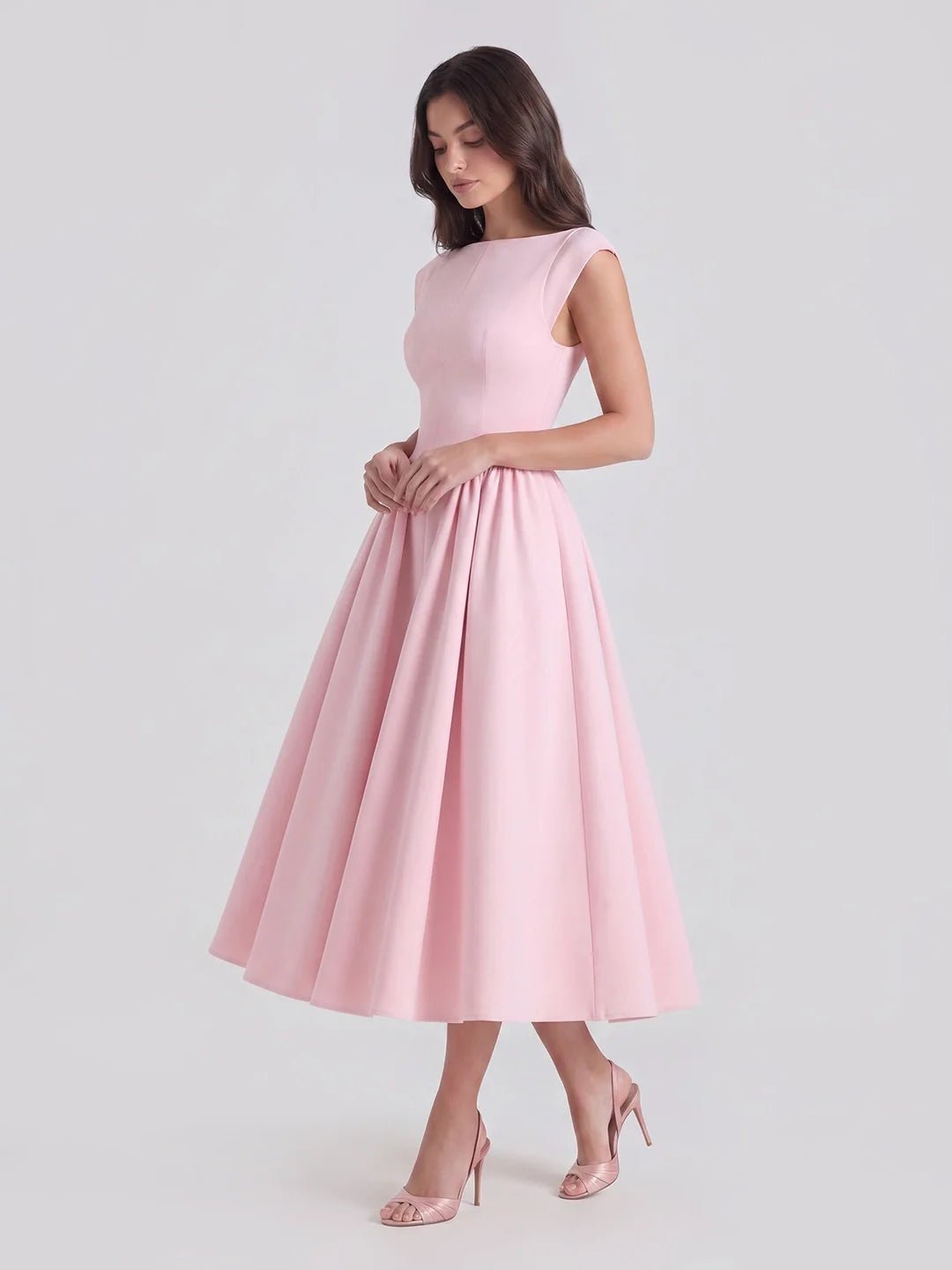 Women's Bateau-Neck Cap-Sleeve Full-Skirt Satin Midi Dress - Soft Pink