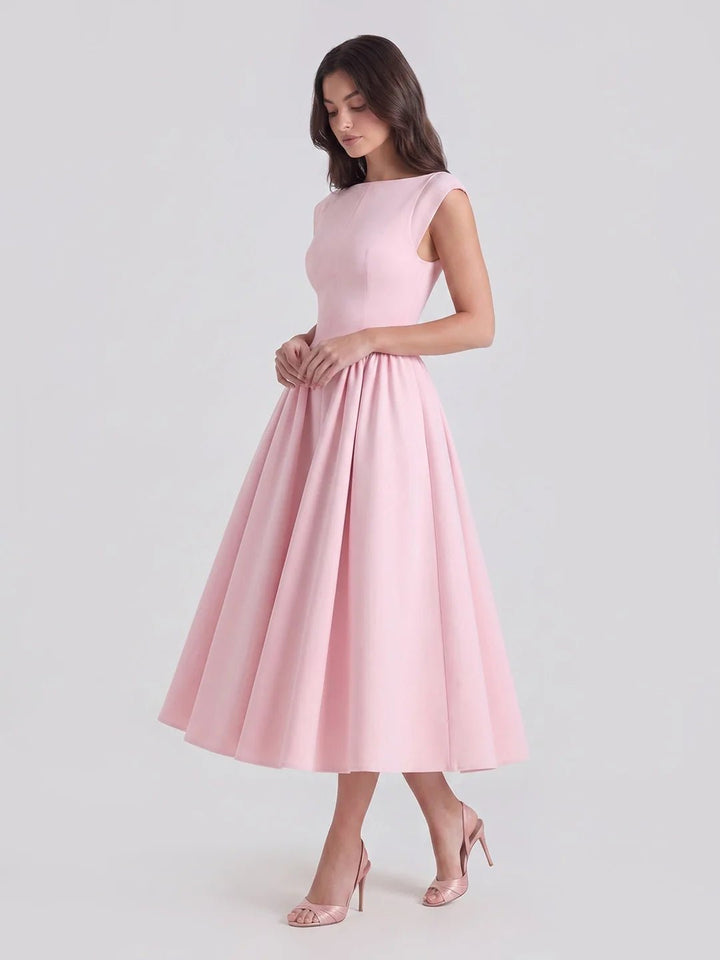 Women's Bateau-Neck Cap-Sleeve Full-Skirt Satin Midi Dress - Soft Pink