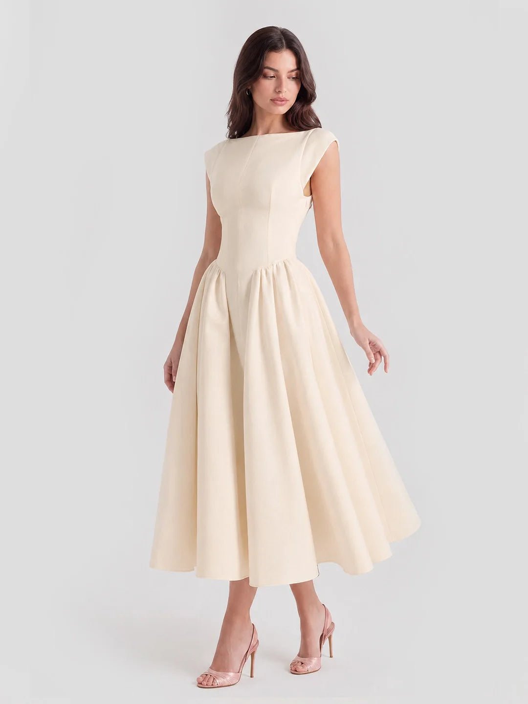 Women's Bateau-Neck Cap-Sleeve Full-Skirt Satin Midi Dress - Beige